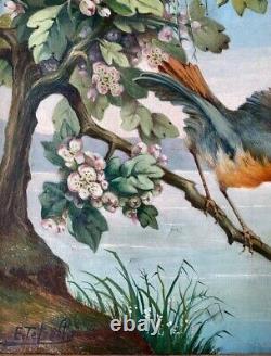 Antique Painting Oil On Canvas Couple Birds Nature Sign Frame Wood Rare Old 19th