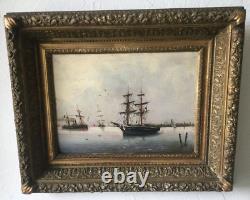 Antique Painting Oil On Panel Navy Sea Port Signed Tessier Framed Rare Old 19th