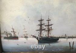 Antique Painting Oil On Panel Navy Sea Port Signed Tessier Framed Rare Old 19th