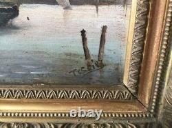 Antique Painting Oil On Panel Navy Sea Port Signed Tessier Framed Rare Old 19th