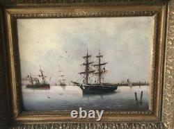 Antique Painting Oil On Panel Navy Sea Port Signed Tessier Framed Rare Old 19th