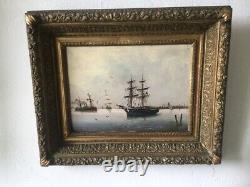 Antique Painting Oil On Panel Navy Sea Port Signed Tessier Framed Rare Old 19th