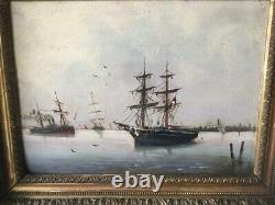 Antique Painting Oil On Panel Navy Sea Port Signed Tessier Framed Rare Old 19th