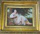 Antique Painting Oil On Panel Woman Bouquet Flowers Wood Frame Sign Rare Old 19c
