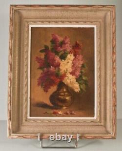 Antique Painting Oil Wood Still Life Flowers Vase Signed Savigny Rare Old 20th