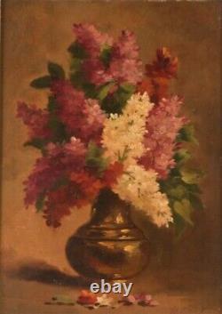 Antique Painting Oil Wood Still Life Flowers Vase Signed Savigny Rare Old 20th