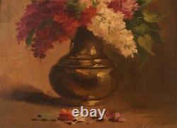 Antique Painting Oil Wood Still Life Flowers Vase Signed Savigny Rare Old 20th