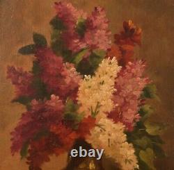 Antique Painting Oil Wood Still Life Flowers Vase Signed Savigny Rare Old 20th