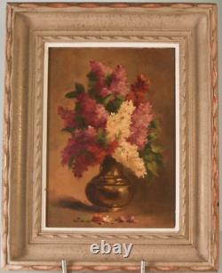 Antique Painting Oil Wood Still Life Flowers Vase Signed Savigny Rare Old 20th