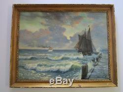 Antique Painting Over 100 Year Old Restoration Project Nautical Seascape Ships