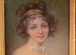 Antique Painting Portrait Young Girl Pastel Framed Wood Gilt Sign Rare Old 18th