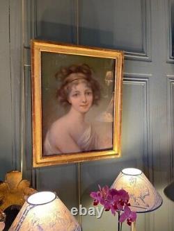 Antique Painting Portrait Young Girl Pastel Framed Wood Gilt Sign Rare Old 18th