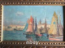 Antique Painting Sailboats In Port Jeanne Lauvernay France Frame Wood Signed Old