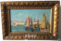 Antique Painting Sailboats in Port Jeanne Lauvernay-Petitjean Sign Rare Old 20th