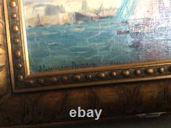 Antique Painting Sailboats in Port Jeanne Lauvernay-Petitjean Sign Rare Old 20th