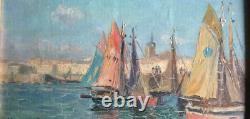 Antique Painting Sailboats in Port Jeanne Lauvernay-Petitjean Sign Rare Old 20th