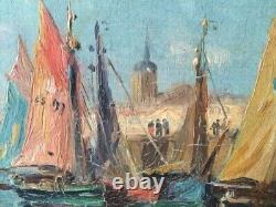 Antique Painting Sailboats in Port Jeanne Lauvernay-Petitjean Sign Rare Old 20th