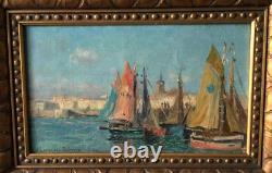 Antique Painting Sailboats in Port Jeanne Lauvernay-Petitjean Sign Rare Old 20th