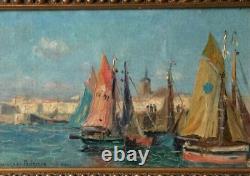 Antique Painting Sailboats in Port Jeanne Lauvernay-Petitjean Sign Rare Old 20th