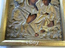 Antique Painting W Metal Sculpture Retablo Icon Religious Russian Portrait Old