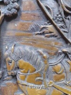 Antique Panel Panno China Historical Scene Carriage Horse Signed Rare Old 20th