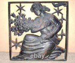 Antique Plaque Virgo Zodiac Sign Cast iron Bouquet Flowers Decor Rare Old 20th