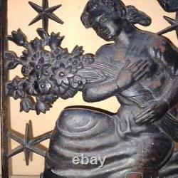 Antique Plaque Virgo Zodiac Sign Cast iron Bouquet Flowers Decor Rare Old 20th