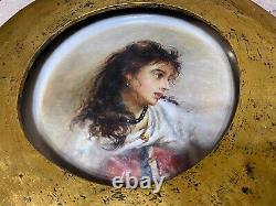 Antique Portrait Wall Plate Painting Lady Porcelain Wood S. Paul Sign Rare Old 19