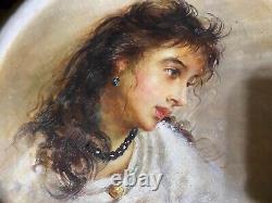 Antique Portrait Wall Plate Painting Lady Porcelain Wood S. Paul Sign Rare Old 19