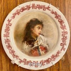 Antique Portrait Wall Plate Painting Lady Porcelain Wood S. Paul Sign Rare Old 19