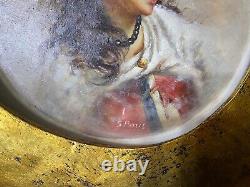 Antique Portrait Wall Plate Painting Lady Porcelain Wood S. Paul Sign Rare Old 19