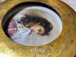 Antique Portrait Wall Plate Painting Lady Porcelain Wood S. Paul Sign Rare Old 19