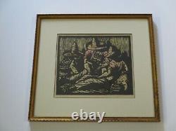 Antique Prescott Chaplin Woodcut Woodblock Old Mexican Mexico Signed Art Deco