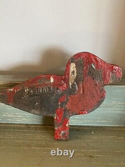 Antique Primitive Cast Iron Carnival Duck Target in Old Red Paint Marked KING