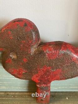 Antique Primitive Cast Iron Carnival Duck Target in Old Red Paint Marked KING