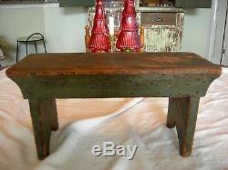 Antique Primitive Foot Stool Fabulous Old Green Paint Signed Boot Jack Sides