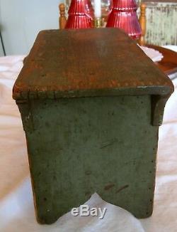 Antique Primitive Foot Stool Fabulous Old Green Paint Signed Boot Jack Sides