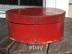 Antique Primitive Old Red Paint Wood Circular Pantry Box & Lid 9D Signed H. Farr
