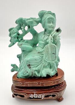 Antique QING Old CHINESE KWANYIN GUANYIN Carved NATURAL TURQUOISE & WOOD STAND