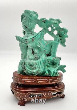 Antique QING Old CHINESE KWANYIN GUANYIN Carved NATURAL TURQUOISE & WOOD STAND