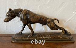 Antique Sculpture Bronze Dog Chien ET. Fremiet France Sign Patina Rare Old 19th