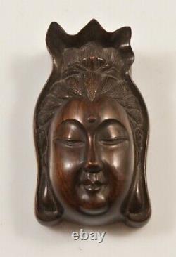 Antique Shiva Pendant Carved Wood Signed Solid Rare Face Patina Old 19th