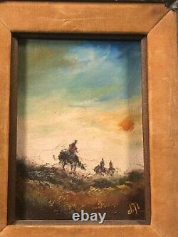 Antique Signed Illustration Art Painting Men on Horses Old Heavy Frame
