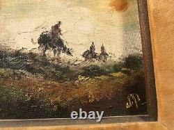 Antique Signed Illustration Art Painting Men on Horses Old Heavy Frame