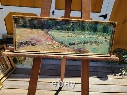 Antique Signed J Plutzer Scenic Panoramic Log River Landscape Oil Painting OLD