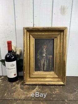 Antique Signed Oil On Board Painting Of Old Man With Cane Gold Gilt Frame