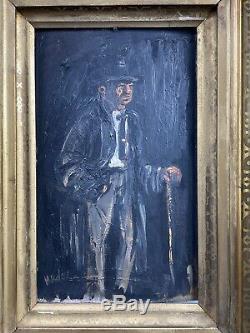 Antique Signed Oil On Board Painting Of Old Man With Cane Gold Gilt Frame