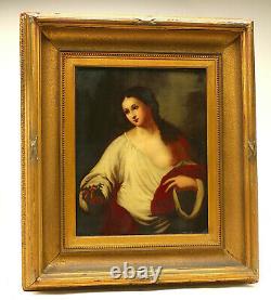 Antique Signed Oil Painting Gold Frame Portrait On Wood Board Old