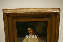 Antique Signed Oil Painting Gold Frame Portrait On Wood Board Old