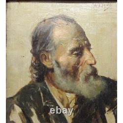 Antique Spain 19th Original Portrait Old Man Oil Wood Painting signed A. DYAS